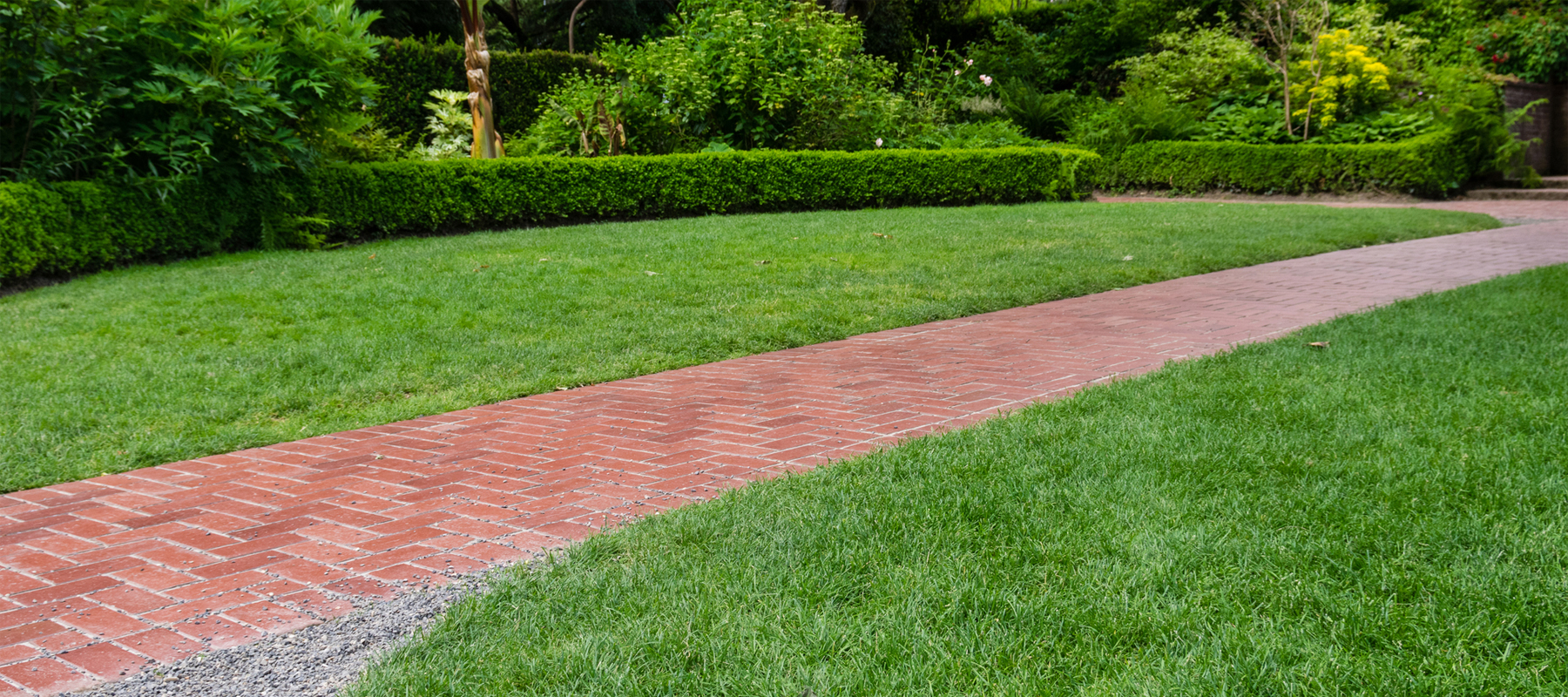 Brick Walkway Going Through a Garden