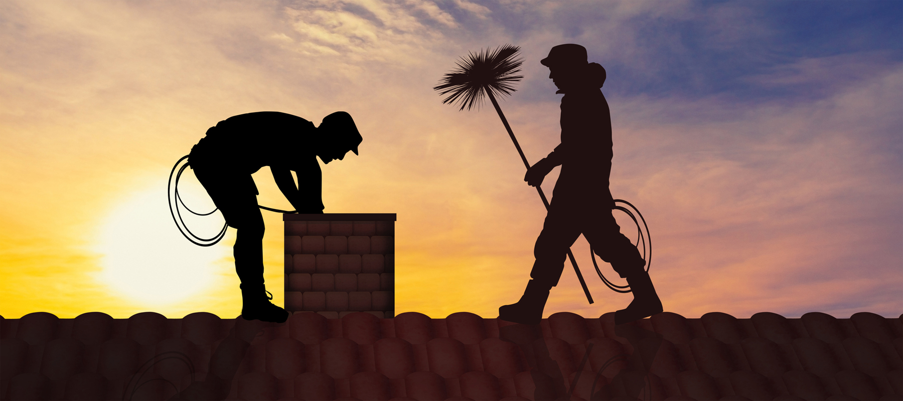Two Men on a Roof Doing a Chimney Sweep at Sunset